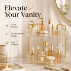 2-Tiers Plastic Corner Bathroom Counter Organizer - Gold Metal Pole Shelves, Makeup Organizer Storage Rack, Cosmetic Perfume Tray Holder for Vanity Sink, Bathroom Gadget, Bathroom Accessories