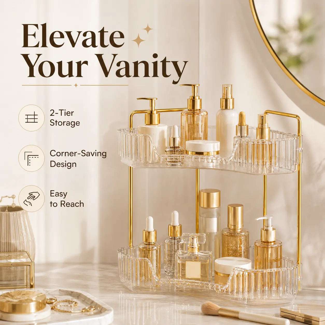 2-Tiers Plastic Corner Bathroom Counter Organizer - Gold Metal Pole Shelves, Makeup Organizer Storage Rack, Cosmetic Perfume Tray Holder for Vanity Sink, Bathroom Gadget, Bathroom Accessories
