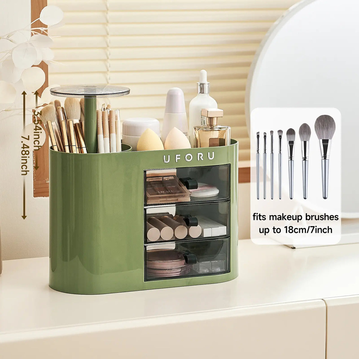 UFORU Plastic Makeup Tool Organizer with Drawers, 4-Slot 1-Touch Open Brush Holder, Spacious Storage Organization for Vanity Dresser & Bathroom Countertop (White)