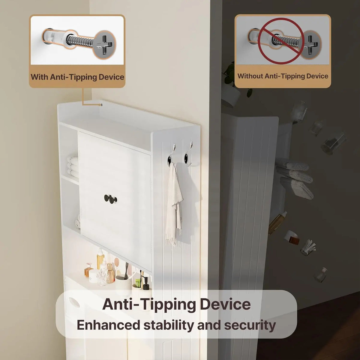 Gizoon 66''H Over The Toilet Storage Cabinet, with Ample Storage Space | Over Toilet Bathroom Organizer, with 2 Doors for Storage, Adjustable Shelf, 2 Hooks, Paper Holder, for Bathroom, Laundry