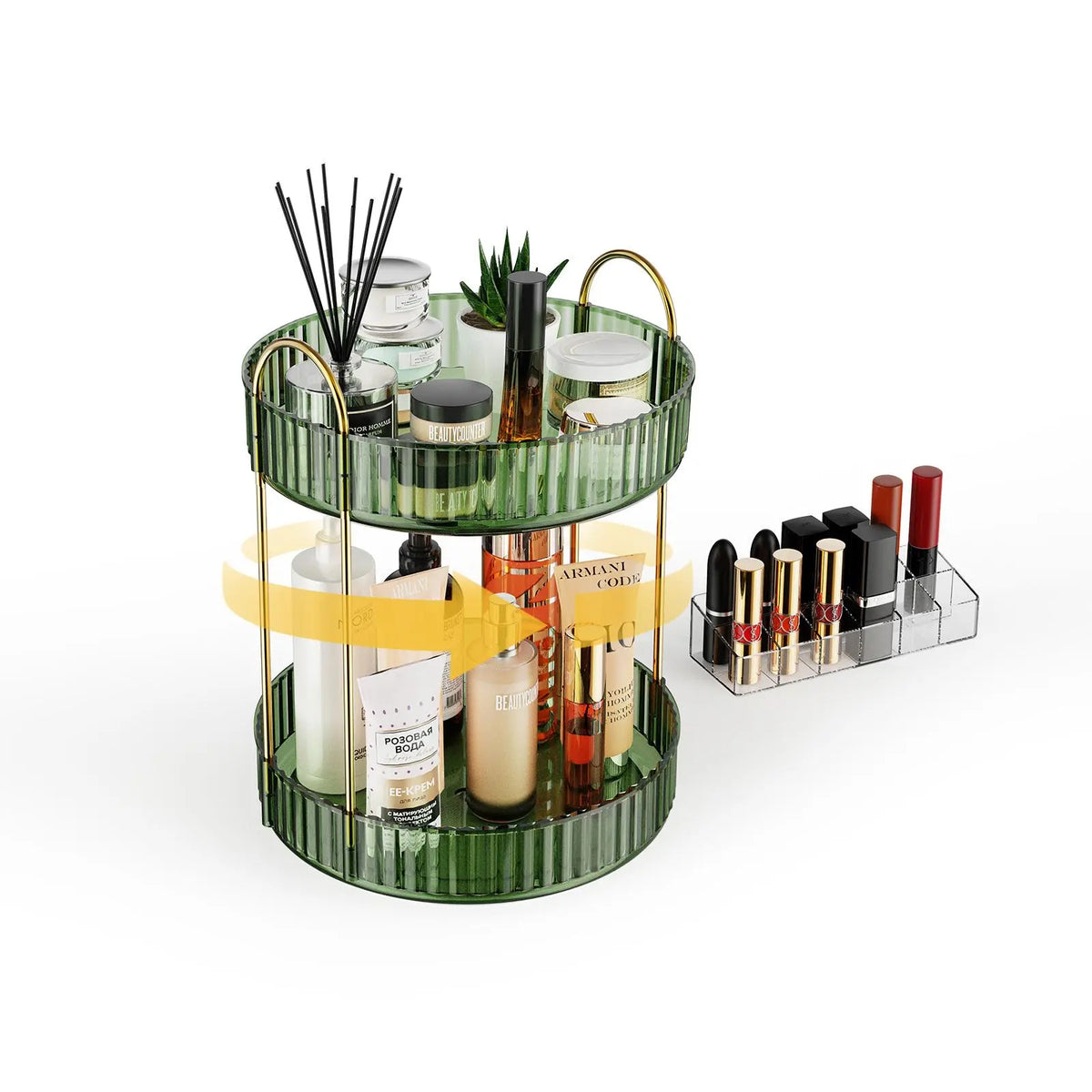 GooBird 360° Rotating Round Metal Makeup Tool Organizer Storage, User-Friendly Collapsible Stackable Vanity Shelf with Bonus 12-Slot Lipstick Holder, Multifunctional Bin for Makeup, Perfume, Skincare, Bathroom Birthday Gift for Girlfriend, Collapsible Sto