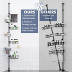 FEELSO Rustproof Stainless Steel Tension Pole Shower Rack Set, Bathroom Accessories Organizer with 6 Corner Shelves, 30-120in Adjustable Storage, Extra Towel Bar, Soap Dish, Toothbrush Holder, Black Tension Mount Soap Bar Shower Accessories
