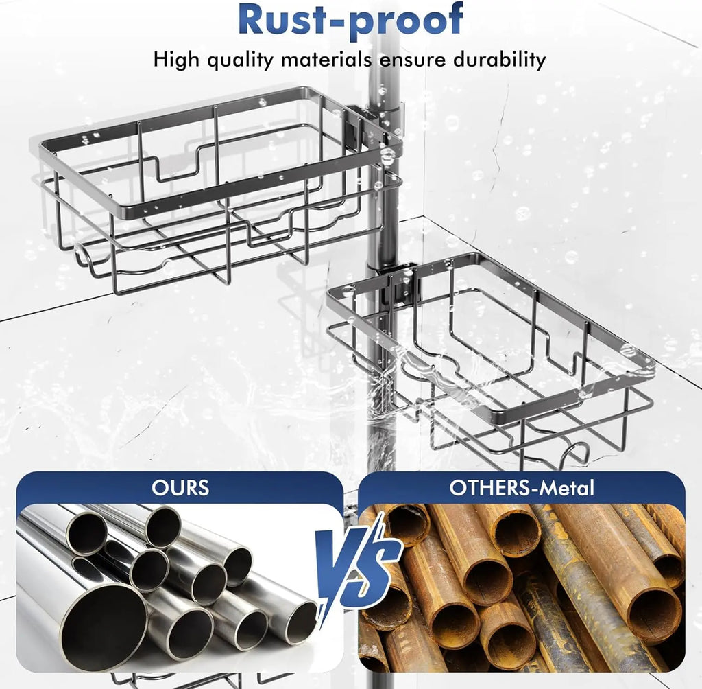 FEELSO Rustproof Stainless Steel Tension Pole Shower Rack Set, Bathroom Accessories Organizer with 6 Corner Shelves, 30-120in Adjustable Storage, Extra Towel Bar, Soap Dish, Toothbrush Holder, Black Tension Mount Soap Bar Shower Accessories