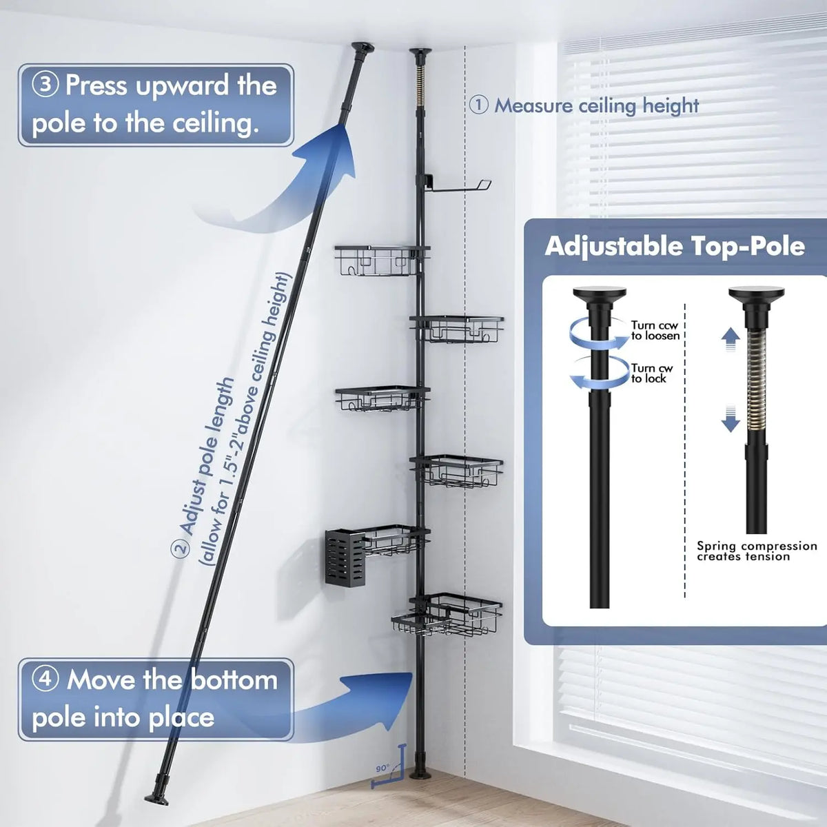FEELSO Rustproof Stainless Steel Tension Pole Shower Rack Set, Bathroom Accessories Organizer with 6 Corner Shelves, 30-120in Adjustable Storage, Extra Towel Bar, Soap Dish, Toothbrush Holder, Black Tension Mount Soap Bar Shower Accessories