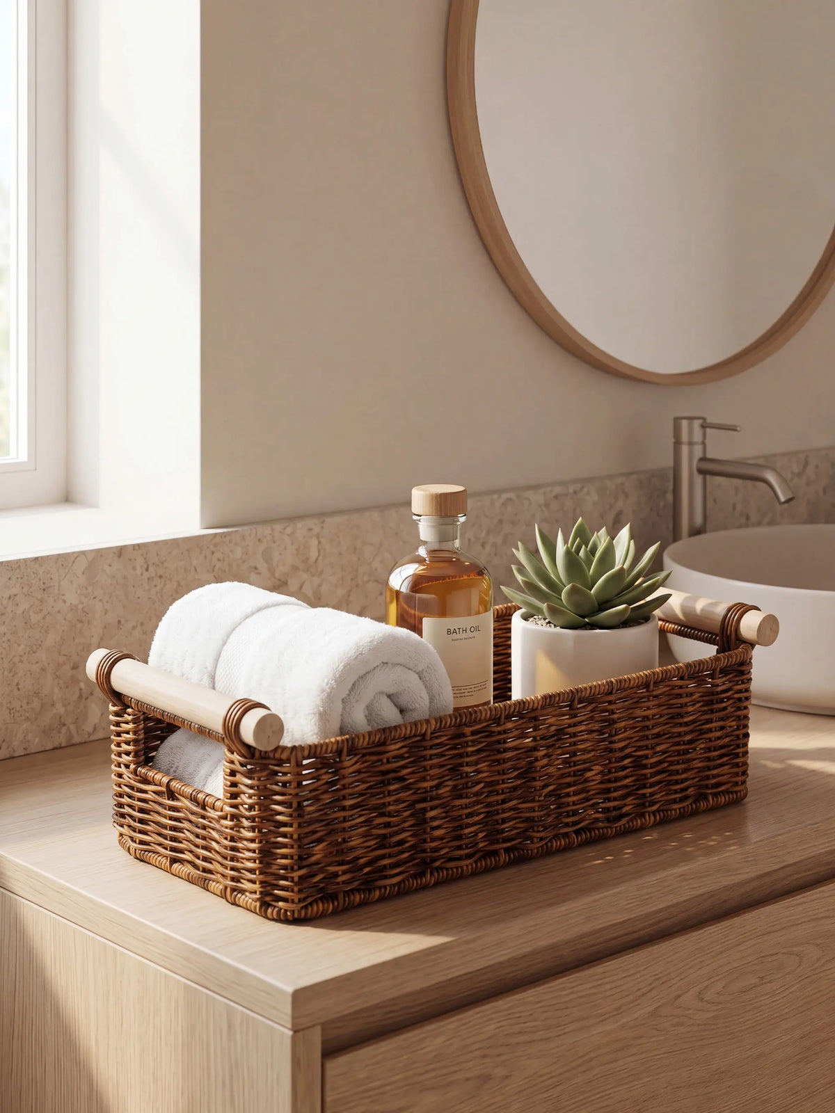 BROWNLILY Classic Handwoven Wicker Toilet Storage Basket with Wooden Handle, Durable Rectangular Bathroom Woven Storage Organizer for Toilet Paper, Towels, Vanity Counter Use, Faux Rattan