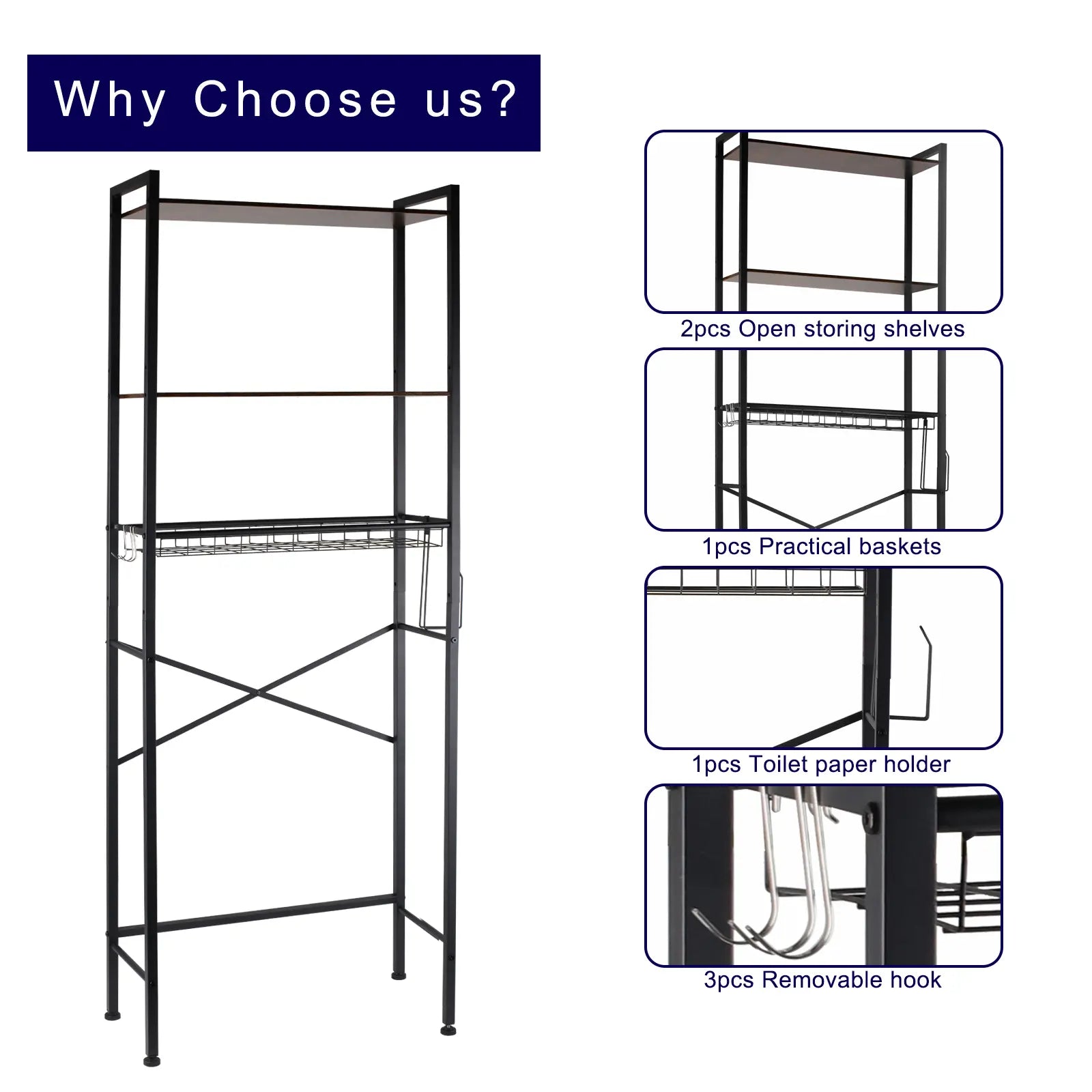 Metal 3-Tier Adjustable Over-The-Toilet Storage Rack - Over-Toilet Standing Shelf Units, Bathroom Organizer with Paper Holder, 3 Hooks for Space Maximization, Organizer Rack Standing Shelf Units, Tiered Organizer Standing Shelf Units, Bathroom Decor, Orga