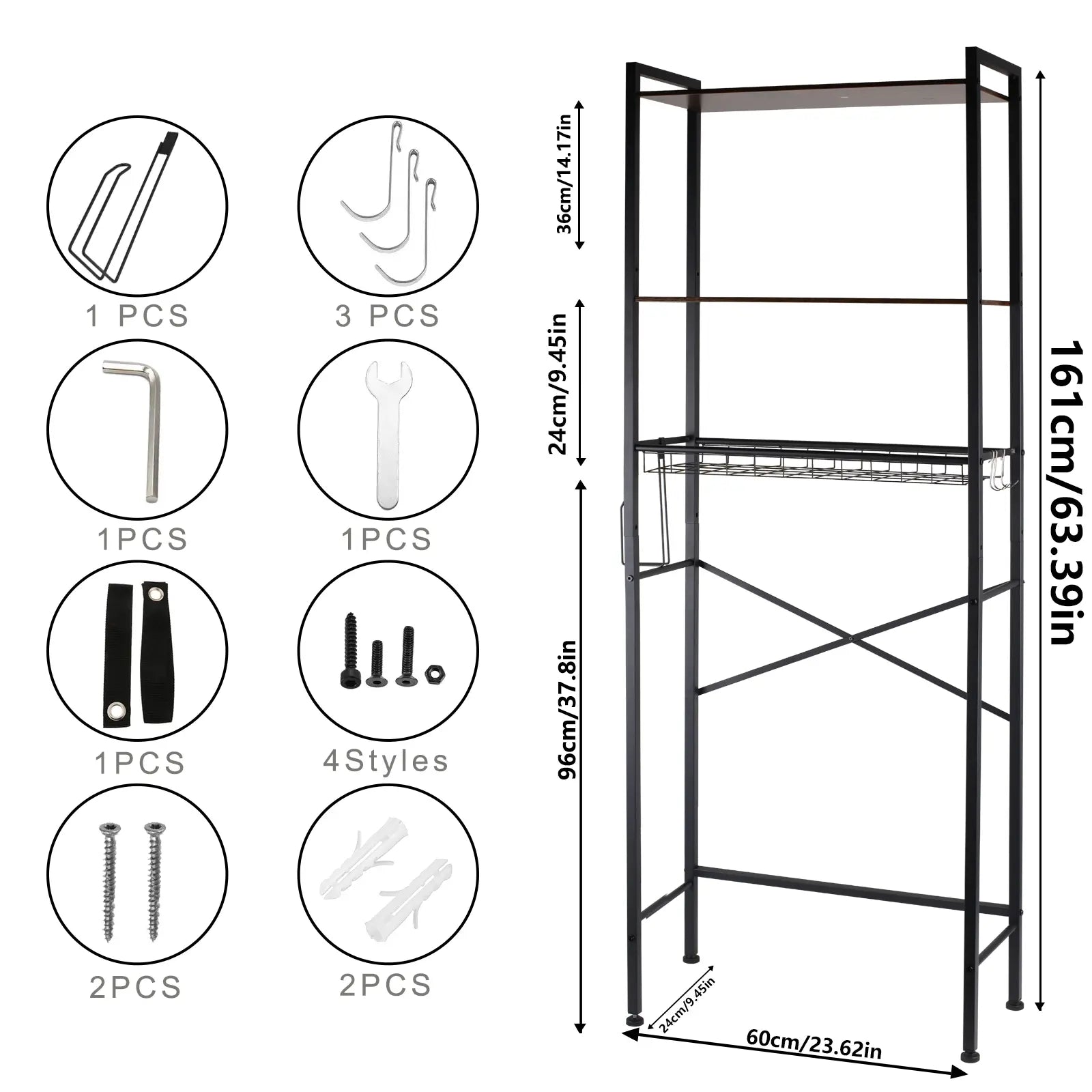 Metal 3-Tier Adjustable Over-The-Toilet Storage Rack - Over-Toilet Standing Shelf Units, Bathroom Organizer with Paper Holder, 3 Hooks for Space Maximization, Organizer Rack Standing Shelf Units, Tiered Organizer Standing Shelf Units, Bathroom Decor, Orga